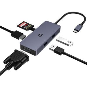 USB C Adapter HUB, USB C HUB, 4K HDMI VGA USB-hub, 6-in-1 adapter met USB A, USB 2.0, SD/TF kaartlezer, compatibel met Mac, Windows en iOS systeem laptops