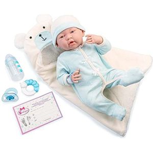 JC TOYS La Newborn pop voor pasgeborenen, 38 cm, zacht lichaam, inclusief romper, zachte teddybeerdeken met capuchon en 4 accessoires, blauw, ontworpen in Spanje door Berenguer, 2 jaar