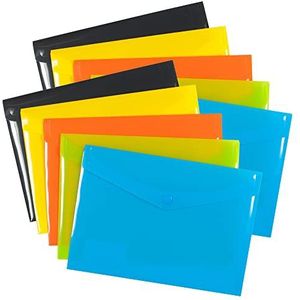 eco-eco A6 50% gerecycleerd diverse kleuren Press Stud Popper portemonnee, plastic mappen (Pack van 10), groen, zwart, blauw, geel, oranje, eco078x2