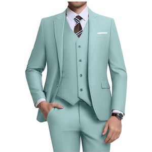 ZKHOECR Heren 3-delige slim fit pak set, twee knopen blazer solide jas vest broek bruiloft pak, mintgroen, M