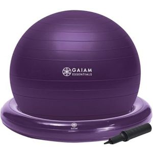 Gaiam Essentials Balance Ball & Base Kit, 65 cm Yoga Ball Stoel, Oefenbal met Opblaasbare Ring Base voor Thuis of Kantoorbureau, Inclusief Luchtpomp - Paars