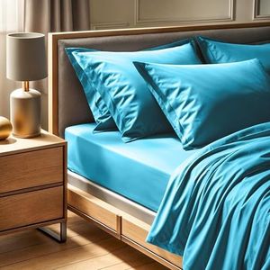 Premium Ranforce Double Hoeslaken (140 x 190 + 30 cm), 100% katoen, 155 draden Count, turquoise, machinewasbaar op 30 °C, zacht en duurzaam