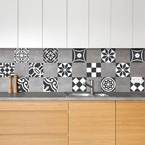 Ambiance-Live 24 tegelstickers, zelfklevende tegels, mozaïektegels, wandtattoo, badkamer en keuken, tegellijm, zwart en wit, 10 x 10 cm, 24-delig