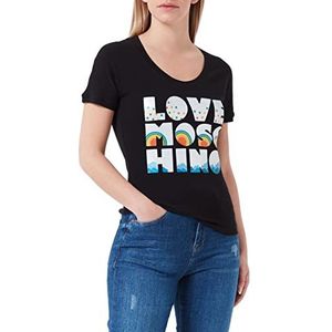 Love Moschino Dames katoenen jersey met diepe ronde hals en paneel Only Good Vibes Lm T-shirt, zwart, 40 NL