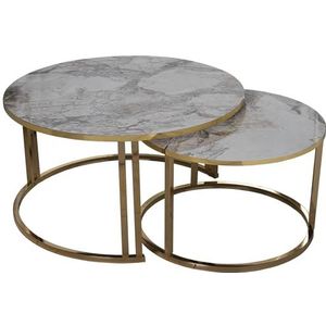 DRW Set van 2 ronde salontafels van hout en metaal in goud met marmereffect, 80 x 43 en 60 x 38 cm
