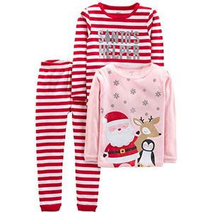 Simple Joys by Carter's 3-delige pyjamaset voor baby's, peuters en kinderen, uniseks, snug-fit, katoen, set van 3, Roze Kerstman/Rode Streep, 4