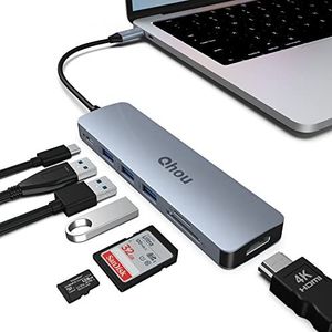 USB C HUB, aluminium USB C dock 7 in 1 USB C adapter met 4K @30 HDMI, USB 3.0 x 3, PD, SD/TF compatibel voor MacBook, Surface Pro/Go, iPad Pro/Air, laptop en meer type C-apparaten