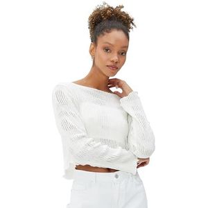 Koton Ajore Crop Knitwear T-shirt voor dames, ronde hals, lange mouwen, ecru(010), S