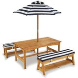 KidKraft 106 houten picknicktafel met bankenset voor buiten, met kussens en parasol, tuinmeubilair voor kinderen, marineblauw en wit gestreept