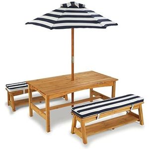 KidKraft 106 houten picknicktafel met bankenset voor buiten, met kussens en parasol, tuinmeubilair voor kinderen, marineblauw en wit gestreept