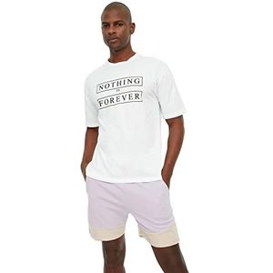 Trendyol Heren lege mannen ontspannen pasvorm ronde kraag korte mouw slogan bedrukt T-shirt, wit, klein