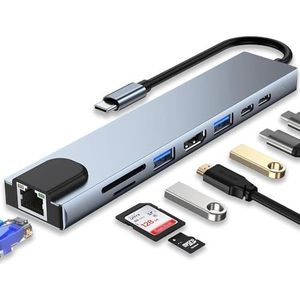 Moman CT8 Docking Station met 8 poorten multiport adapter met USB Type-C / 4K @30Hz HD, 2*USB 3.0/ 100W Power Delivery/SD/TF-kaartlezer/RJ45-Ethernet, met iPhone 15/MacBook iPad Pro, iMac S23