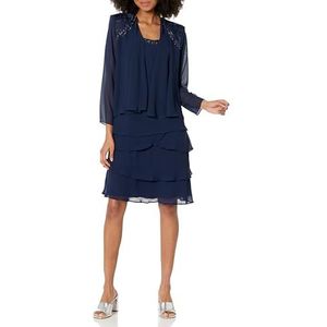 S.L. Fashions Women's Mother of The Bride Tiered Jacket Dress with Shoulder Embellishment (Petite and Regular Sizes), Navy, 12