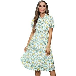 HAOKEKE Dames print chiffon jurk casual bloemenjurk lange mouwen flare vlinderdas ronde hals plissé elegante jurk voor party cocktail werk kerk tijd, Wit Geel Bloemen Korte Mouw, M