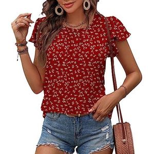 Clotth Casual bovendeel van geplooide chiffon met ronde hals en ruches mouwen, Red-XL, XL