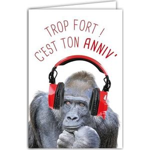 AFIE Grappige verjaardagskaart met geïllustreerde envelop, formaat 17,5 x 12 cm, aap, gorilla, grappige hoofdtelefoon - Franse creatie 69-6212