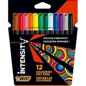 BIC Intensity Viltstiften, om te schilderen voor volwassenen en kinderen, in 12 uitwasbare kleuren, met stevige punt, in kartonnen etui