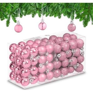 Relaxdays kerstballen set van 96, ballen mat, glanzend en met glitters, kunststof, 3 cm, kerstboomversiering, roze