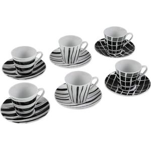 Set van 6 koffiekopjes met schoteltje, zwarte strepen