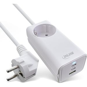 InLine Stekkerdoos met USB-oplader, 1x geaarde contactdoos, 2x USB-C, 1x USB-A, GaN, voeding, 65W, snellader, PD 3.0 + QC4, voor MacBook Pro/Air, iPhone en meer, 31518I