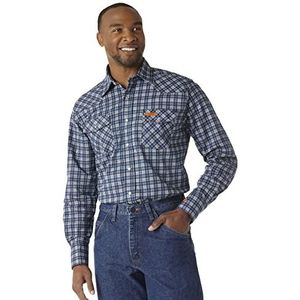 FR Flame Resistant Western Long Sleeve Two Pocket Snap Shirt, navy plaid, Medium