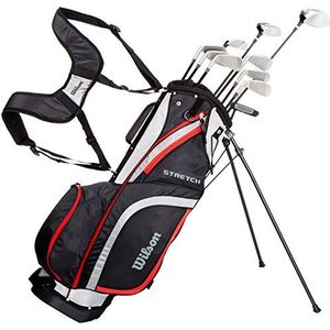 Wilson Complete set voor beginners, 10 met 2,54 cm (1 inch) verlengde golfclubs met draagtas, voor heren, rechtshandig, stretch XL, zwart/grijs/rood, WGG157552