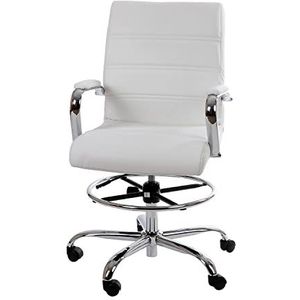 Flash Furniture Mid-Back LeatherSoft Drafting Chair met verstelbare voetring en chromen basis, wit, set van 1