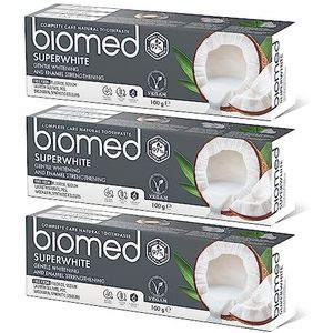 Biomed Superwhite 97% natuurlijke Whitening tandpasta/tandglazuur versterking/kokossmaak, Vegan, SLES-vrij 100 g (pak van drie)