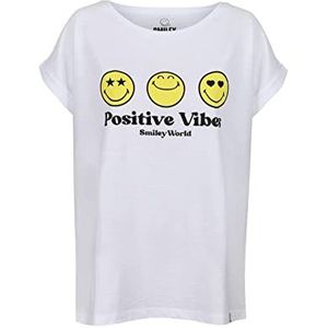 SmileyWorld Positive Vibes Boyfriend T-shirt - wit, maat: XS - officieel gelicentieerde vintage stijl, gedrukt in het Verenigd Koninkrijk, ethisch afkomstig, Wit, XS