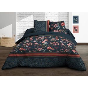 Dekbedovertrek 220 x 240 cm, 2 kussenslopen, puur katoen, draaddichtheid 57, India, blauw, roze, rood, oker