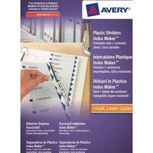 Avery 05113081 A4 IndexMaker Doorzichtige Plastic Verdelers met Afdrukbare Duidelijke Tabs, 10 Deel Verdelers - Helder