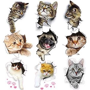 9 stuks 3D Kattenstickers, 3D Kat Muurstickers, Schattige 3D-Stickers, Zelfklevend, Afneembaar, Kinderkamerstickers voor Auto, Raam, Toilet, Badkamer, Keuken, Wanddecoratie