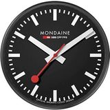 Mondaine Wandklok A990.Clock.64SBB 25cm - stationsklok in zwart aluminium met rode secondewijzer stofbestendig, zwart, Minimalistisch