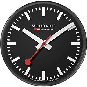 Mondaine Wandklok A990.Clock.Official Zwitserse spoorwegen.Stofbestendig, Zwart|zwart|rood, 25cm, minimalistisch