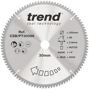 Trend Laminaat- en HPL-cirkelzaagblad, 300 mm diameter, 30 mm boring, 96 tanden, 2,8 mm snijvoeg, +4° haak, TCT, superfijn oppervlak, CSB/PT30096