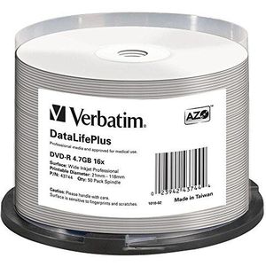 Verbatim DVD-R 4.7 GB - 16x brandsnelheid, DataLifePlus, bedrukbaar, 50 Pack Spindle