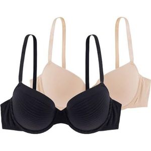 Dorina LOUISE/ECO-2PP, Comfort T-shirt-beha, 3/4-cup voor dames, licht gevoerde gestreepte beugelbeha, verpakking van 2, zwart, beige, roze, ivoor, zwart/beige, 75A