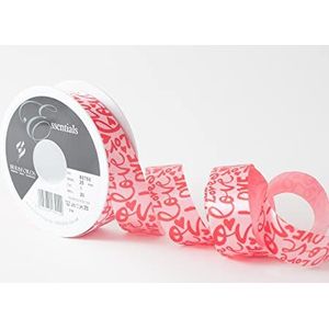 Valentijnsdag lint liefdesletters bedrukt patroon rood op roze satijn 25 mm x 20 m haspel