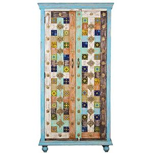 DRW Kast met 2 deuren van hout, versierd met vierkanten en metalen beslag, verschillende kleuren, 100 x 45 x 195 cm