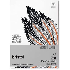 Winsor & Newton Bristol 6661544 tekenpapier in blok - 20 vellen DIN A5, 250 g/m², kopgelijmd, stralend wit papier voor tekeningen met technische pennen, fineliners, inkt, markers, airbrush