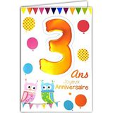 Age Mv 69-2003 wenskaart voor verjaardag, 3 jaar, kinderen, jongens, meisjes, motief uilen, vogels, luchtballonnen