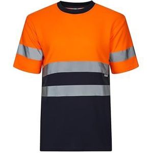 VELILLA Katoenen T-shirt met korte mouwen, tweekleurig, hoge zichtbaarheid, uniseks, volwassenen, marineblauw en neonoranje, L