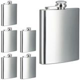 Relaxdays heupfles, set van 6, 200 ml, voor onderweg, relatiegeschenk, platvink voor jaszakken, heupflacon rvs, zilver