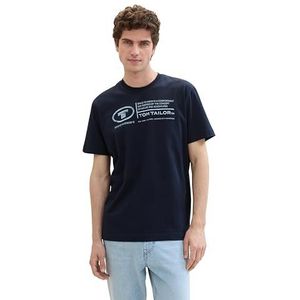 TOM TAILOR Basic T-shirt voor heren met print van katoen, 10302, donkerblauw, M