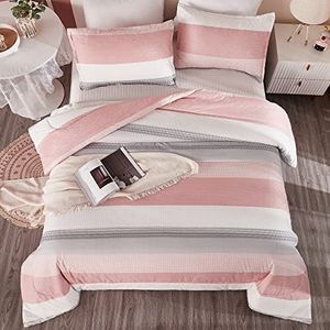 Litanika Blush Pink White full size dekbedset, 3-delige lichtgewicht pluizige beddengoedset en collecties voor meisjes vrouwen, microvezel dekbed voor alle seizoenen met hoeklussen (1 dekbed, 2