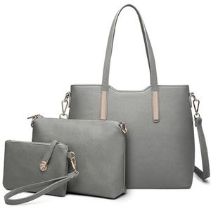 Miss Lulu Handtas voor dames, shopper, schoudertas, groot, hengseltas, draagtas, aktetas, tas voor kantoor, school, winkelen, reizen, elegant PU-leer, 3-delige set, grijs