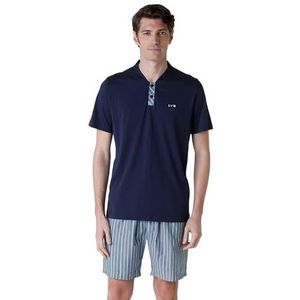 LVB Korte pyjamaset van 100% katoen met broek van gekleurd linnen van garen voor heren, Navy Blauw, XL