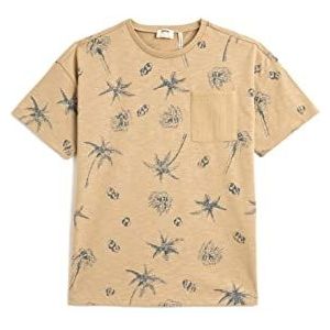 Koton Boys T-shirt met korte mouwen, ronde hals, bedrukt met zakdetails, katoen, bruin (521), 5-6 Jaar