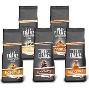 Der-Franz Koffiepakket, hele bonen, 5 x 500 g gearomatiseerde koffie, 1 x hazelnoot, 1 x vanille, 1 x chocolade, 1 x kaneel, 1 x karamel