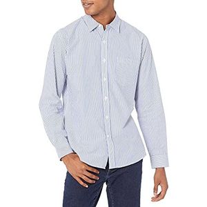 Amazon Essentials Men's Casual poplin overhemd met normale pasvorm en lange mouwen, Blauw Wit Verticale streep, XS